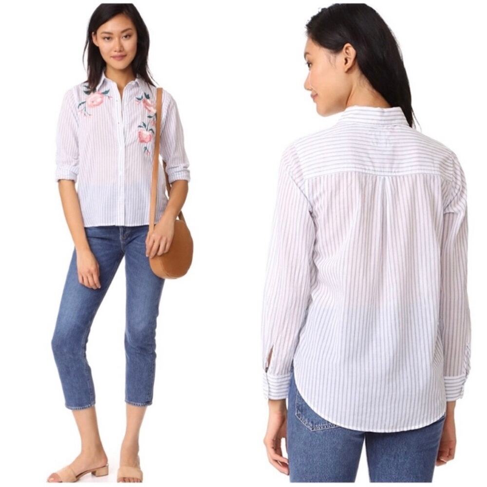 Rails Nevin Long Sleeve Button Down Shirt Pink Floral Embroidered Stripe Medium - Picture 16 of 16